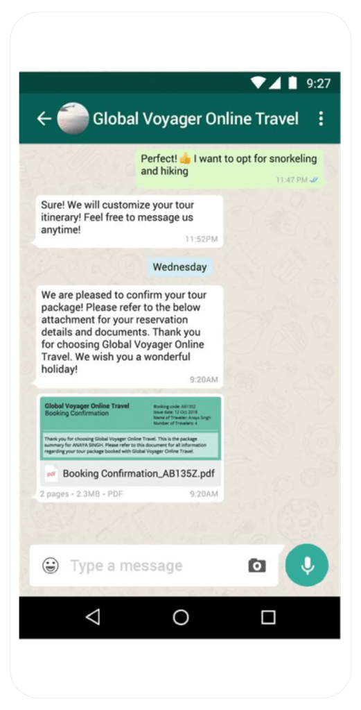 एक कस्टमर Global Voyager Online Travel को WhatsApp मैसेज भेज रहा है, जो स्नॉर्कलिंग और हाइकिंग के लिए ऑप्ट इन कर रहा है