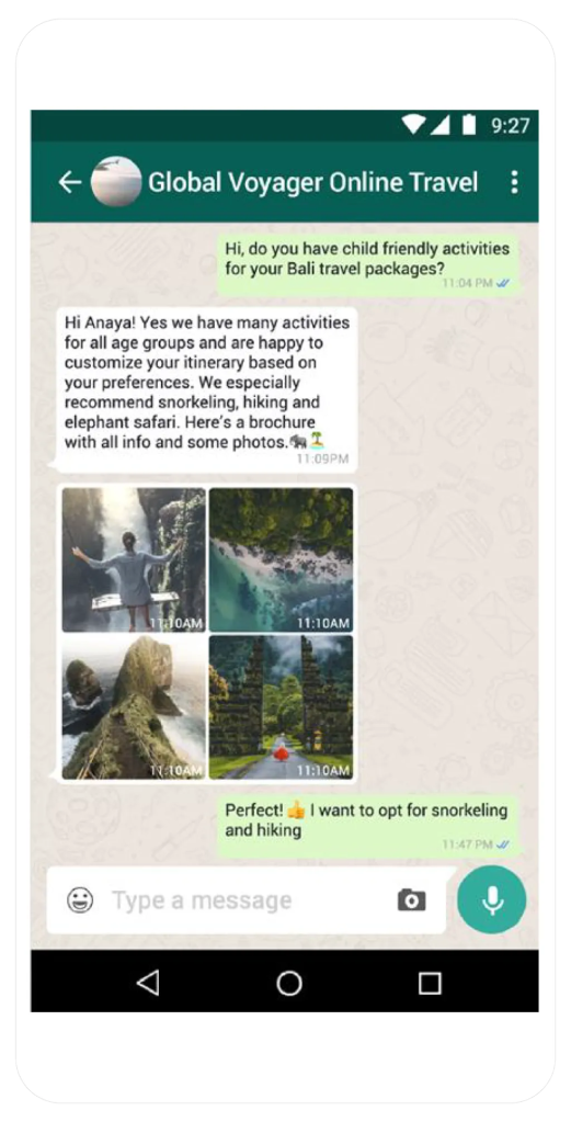 एक कस्टमर Global Voyager Online Travel को WhatsApp मैसेज भेज रहा है, जो स्नॉर्कलिंग और हाइकिंग के लिए ऑप्ट इन कर रहा है