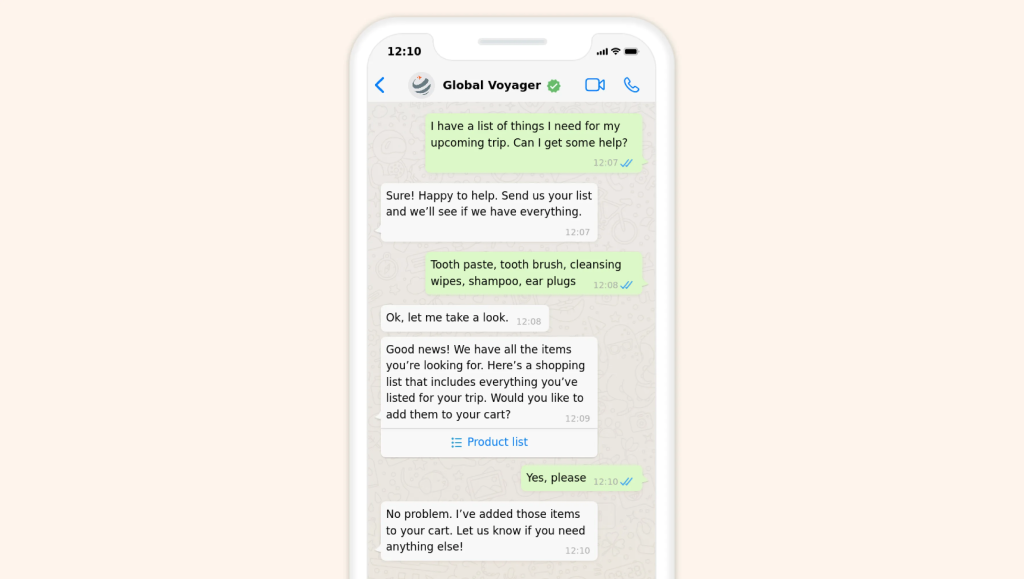 कस्टमर और Global Voyager चैटबॉट के बीच WhatsApp पर बातचीत
