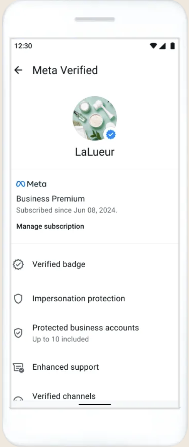 Un exemple de la section Paramètres de Meta Verified