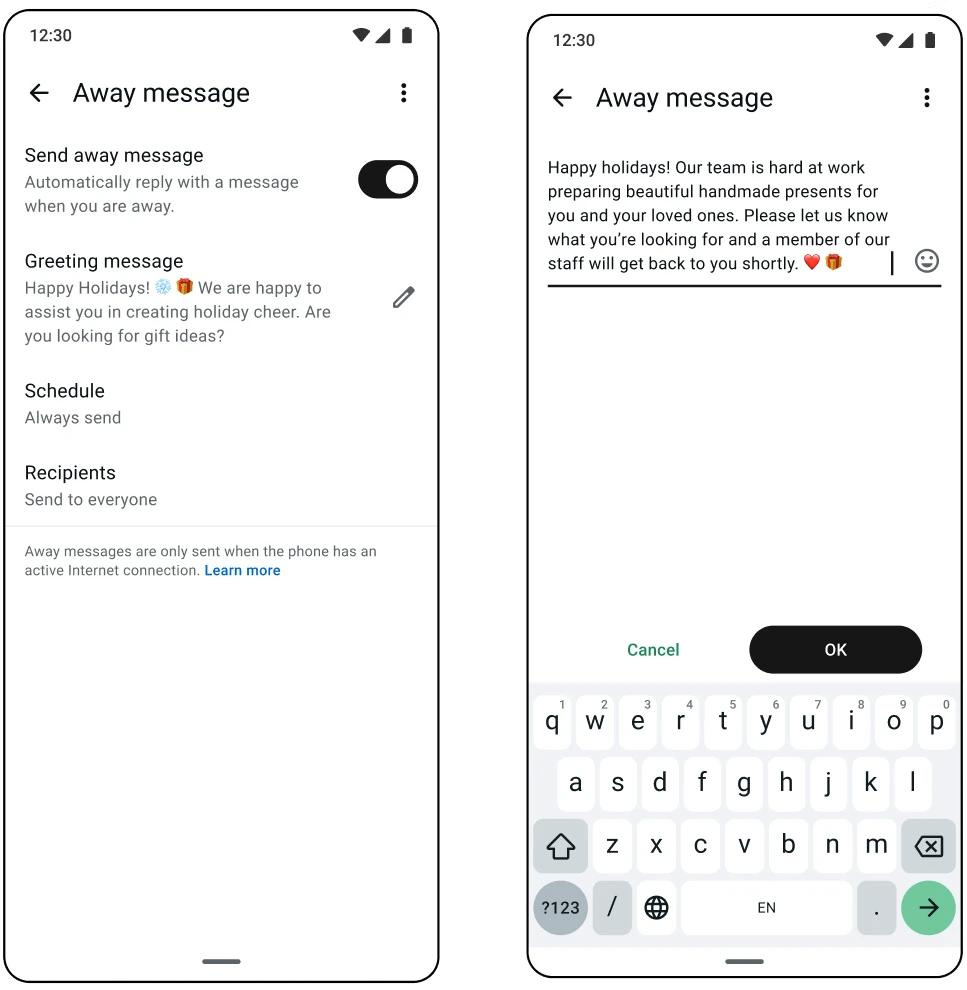 Two smartphone screens displaying the Away message feature, with one screen showing the settings and the other showing a sample message.