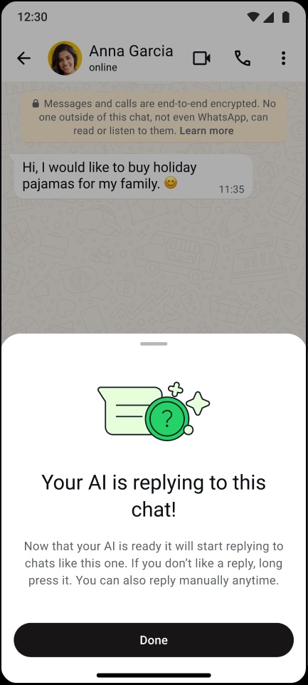 UI का एक ग्राफ़िक उदाहरण, जिसमें AI एक चैट मैसेज का जवाब दे रहा है