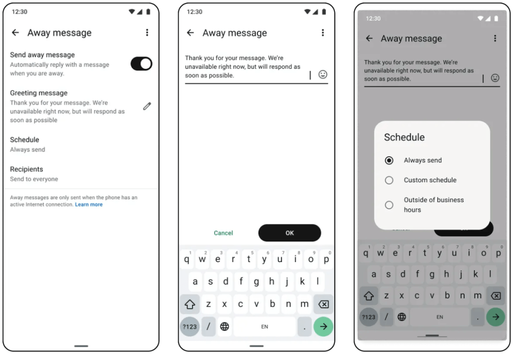 Three UI screens detailing how to create away messages