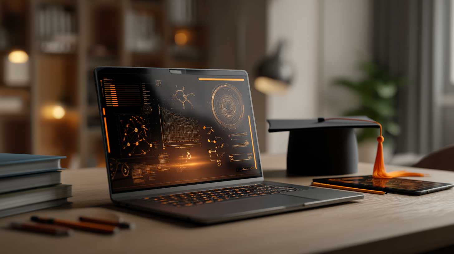 A laptop next to a graduation cap.