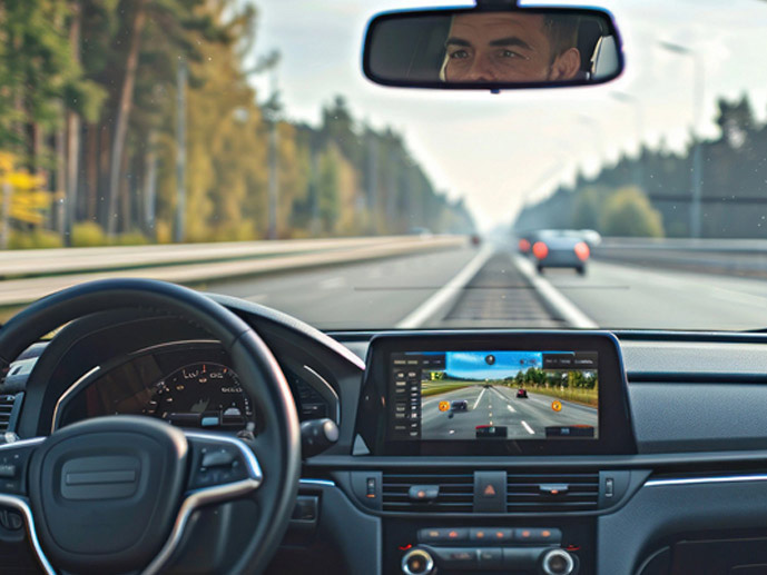 A man's reflection in a rear-view mirror as he's driving.