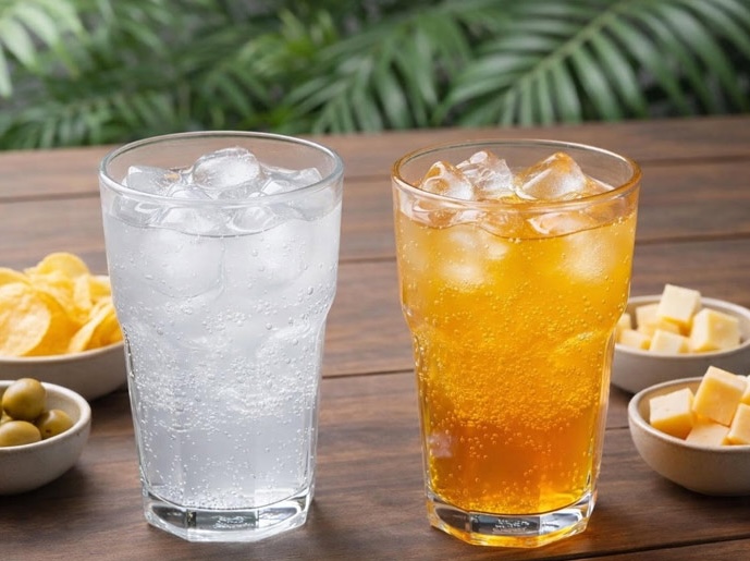 Two beverages with snacks.