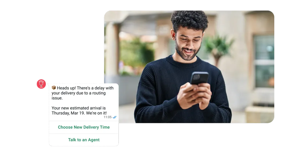 A man looking at a graphic chat bubble received on his phone