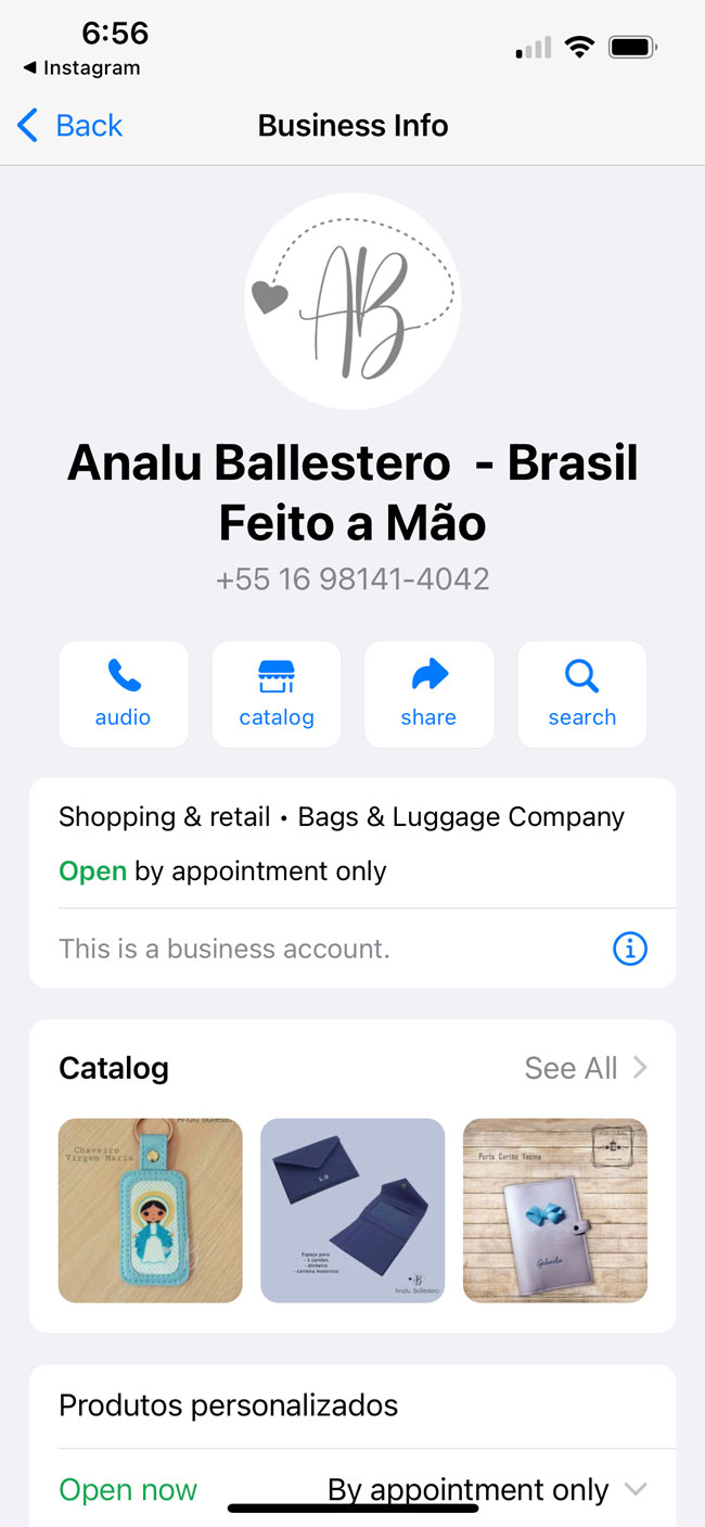 Dispositivo que muestra la página de medios sociales de Analu Ballestero y las diferentes maneras de interactuar con la empresa