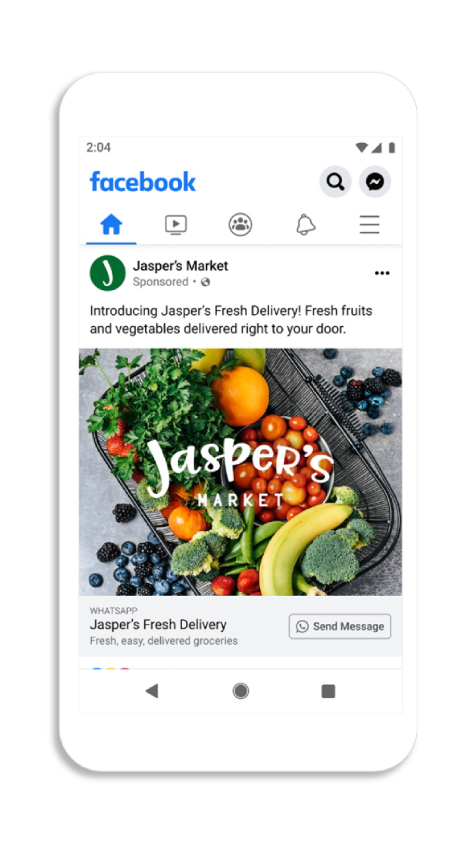 Smartphone affichant le fil d’actualité Facebook avec une publicité pour Jasper’s Market