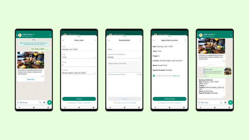 Discussion WhatsApp entre la clientèle et Little Lemon. Cette personne fait une réservation pour un dîner d’anniversaire chez Little Lemon via WhatsApp Flows.