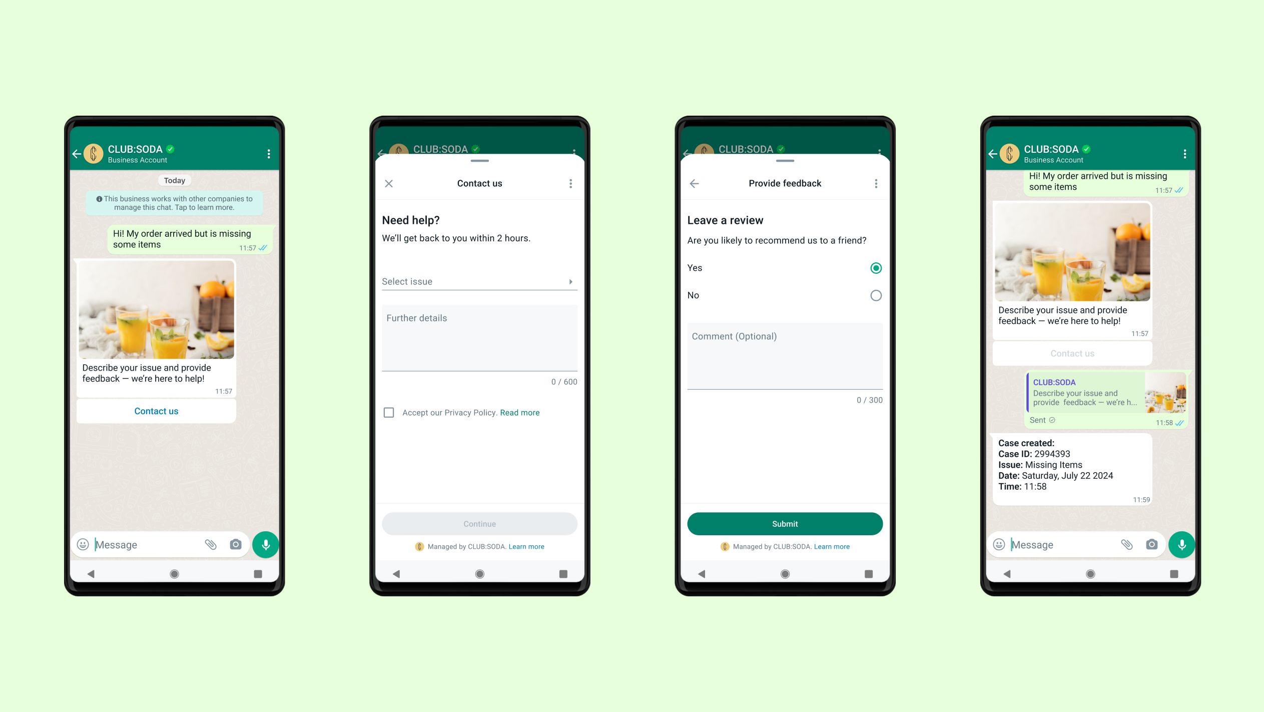 Discussion WhatsApp entre Club Soda et un membre de sa clientèle. La cliente informe Club Soda qu’une partie de sa commande est manquante via le formulaire de commentaires de WhatsApp Flows.