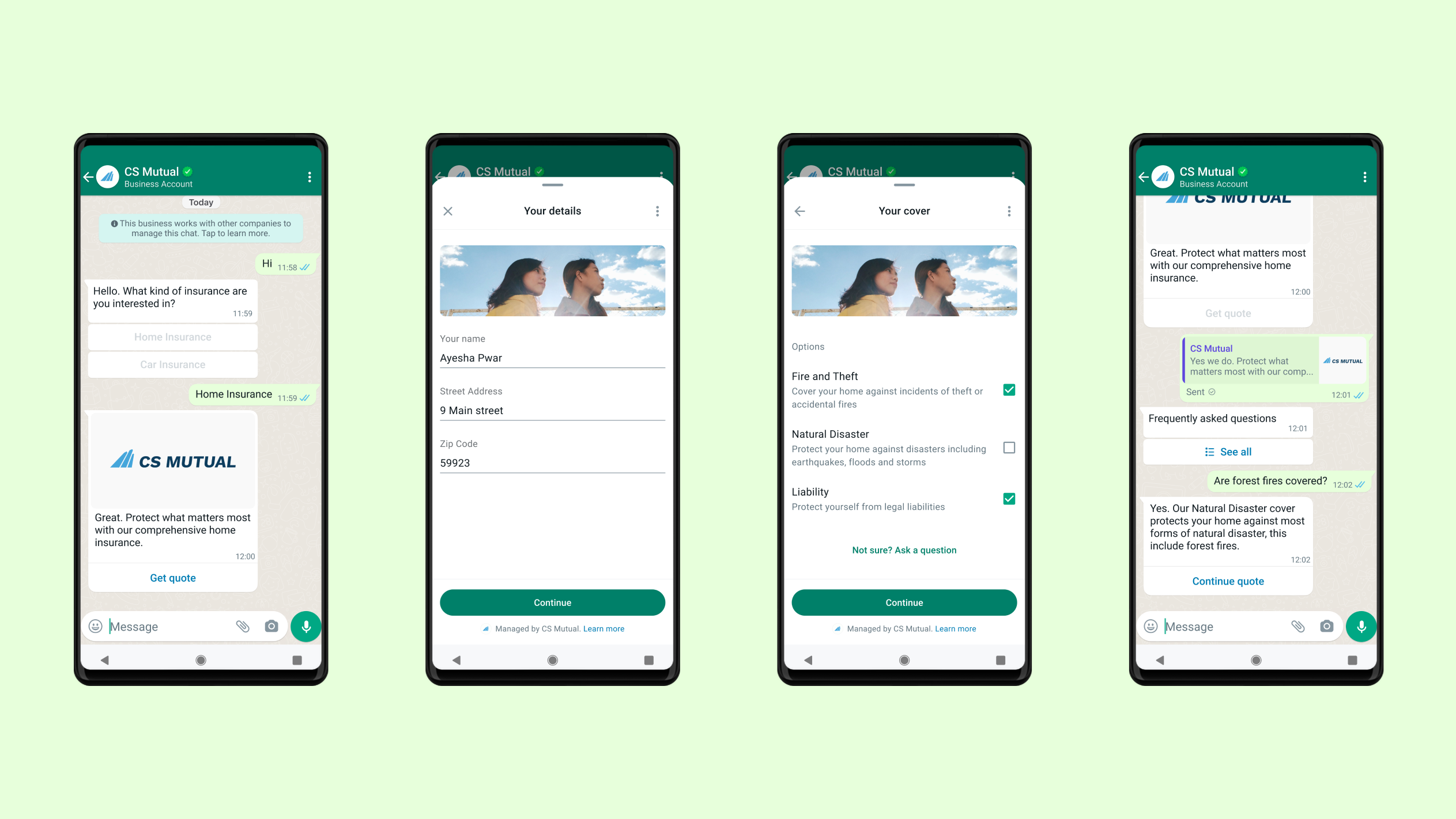 Discussion WhatsApp entre CS Mutual et une personne cliente. La cliente souscrit une assurance habitation auprès de CS Mutual via WhatsApp Flows.
