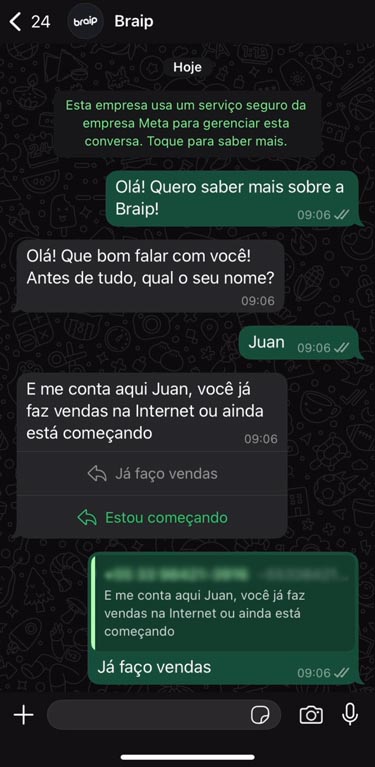 Capture d’écran présentant une conversation par messages avec Braip sur WhatsApp.