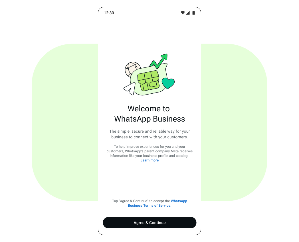 Cell phone screen that says "Welcome to WhatsApp Business"