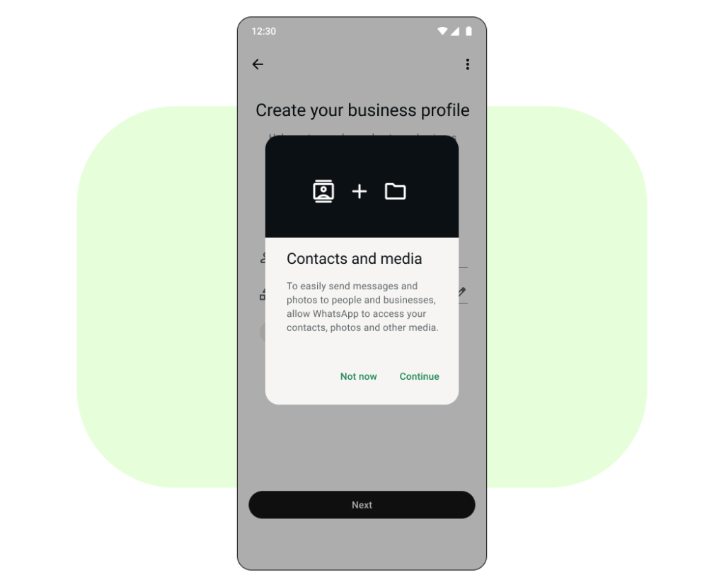 Cell phone prompt asking to access contacts and media