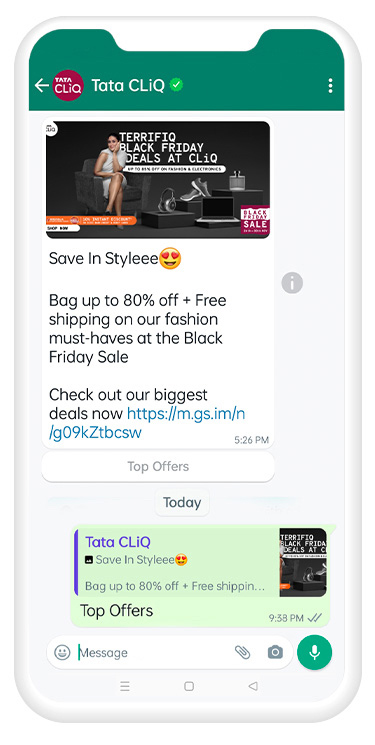Tata CLiQ a personnalisé ses promotions pour les personnes ayant accepté de les recevoir sur la plateforme WhatsApp Business.