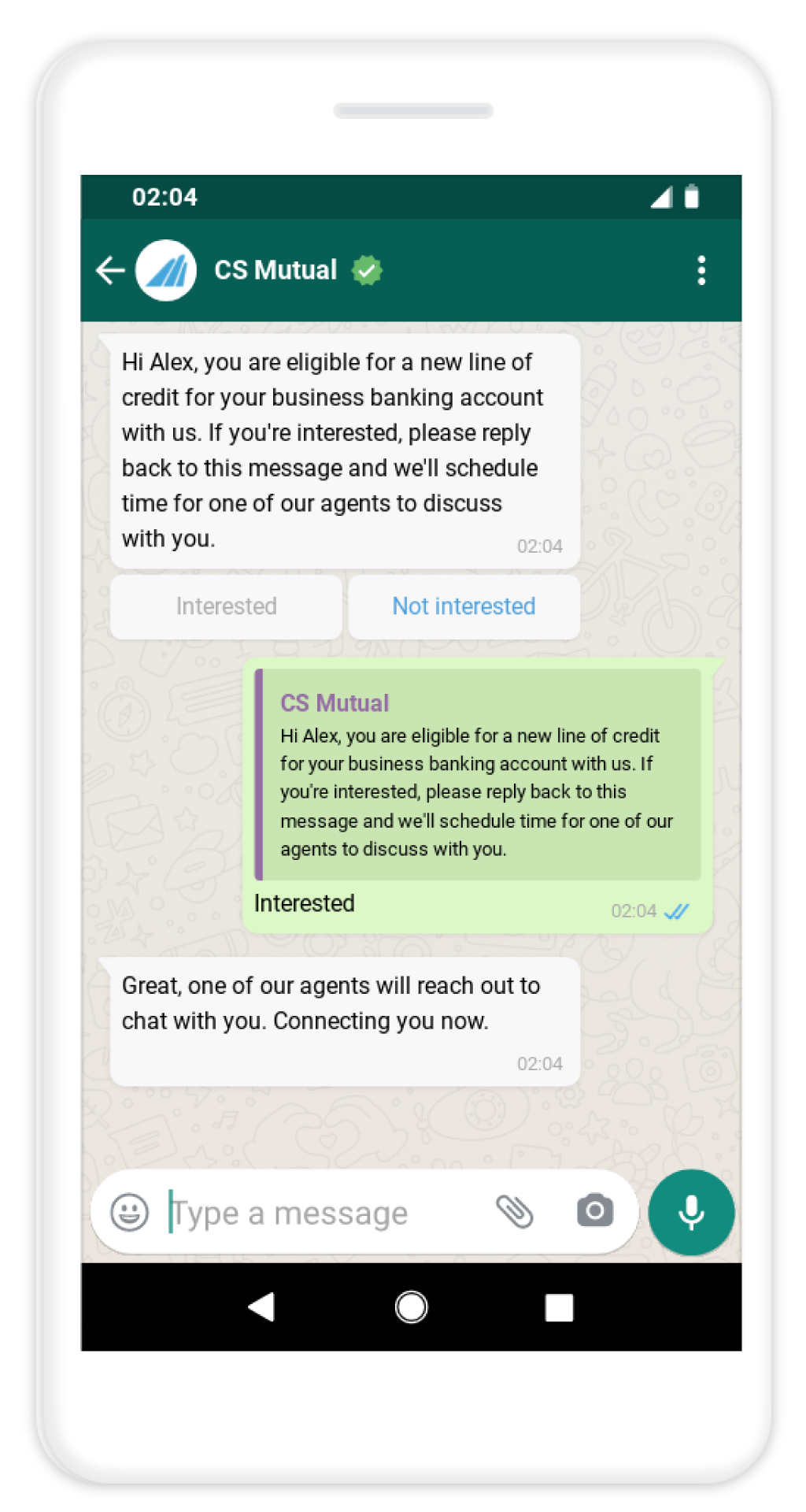Un représentant de CS Mutual contacte une personne cliente via WhatsApp pour l’informer qu’elle est éligible à une nouvelle ligne de crédit