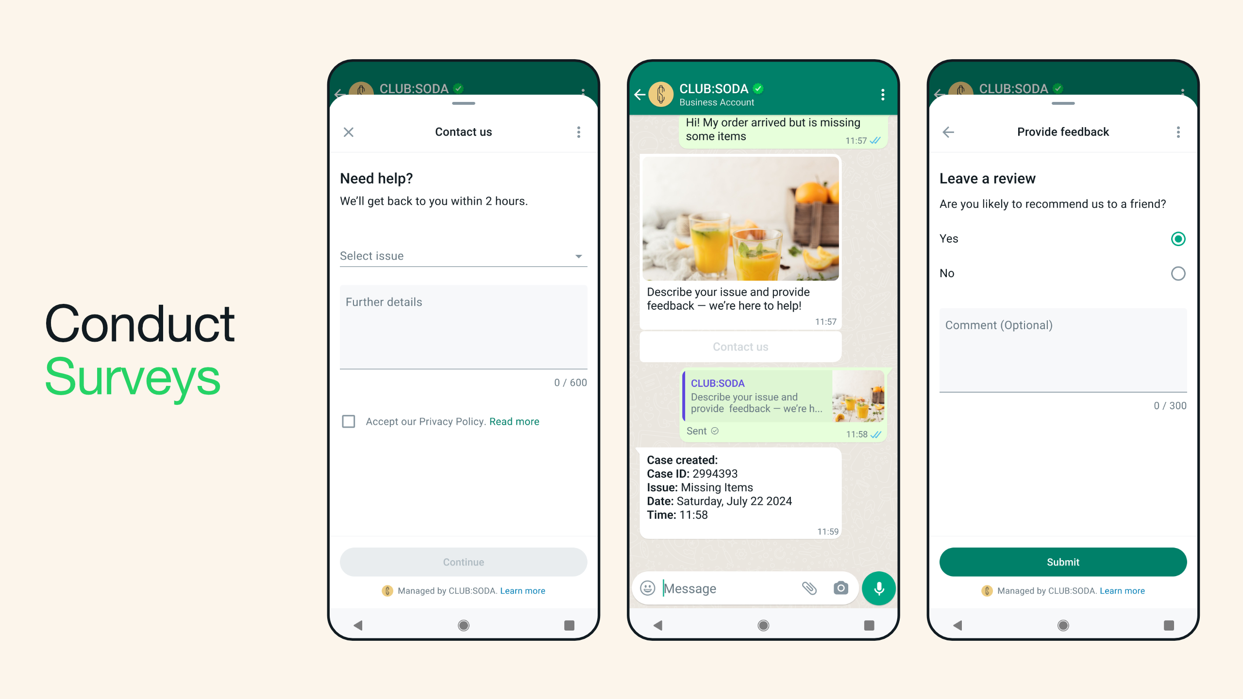 Tiga smartphone menampilkan cara melakukan survei menggunakan WhatsApp Flows. Ponsel pertama menampilkan