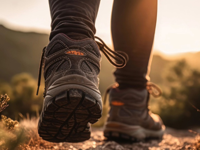Zoomed in view of a person's hiking boots being used walking in the outdoors