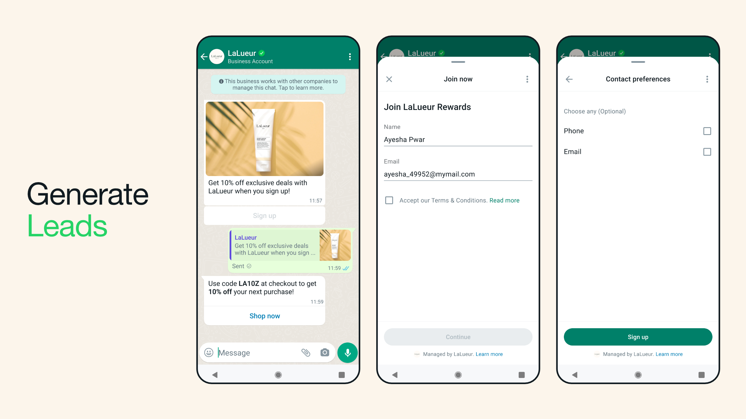 Tiga smartphone menampilkan cara menciptakan prospek melalui WhatsApp Flows. Ponsel pertama menampilkan utas chat WhatsApp dengan Loeluer yang menawarkan diskon eksklusif sebesar 10% kepada pelanggan. Ponsel kedua menampilkan informasi pelanggan untuk bergabung dengan hadiah Loeluer. Ponsel ketiga menampilkan opsi email dan ponsel sebagai preferensi kontak.