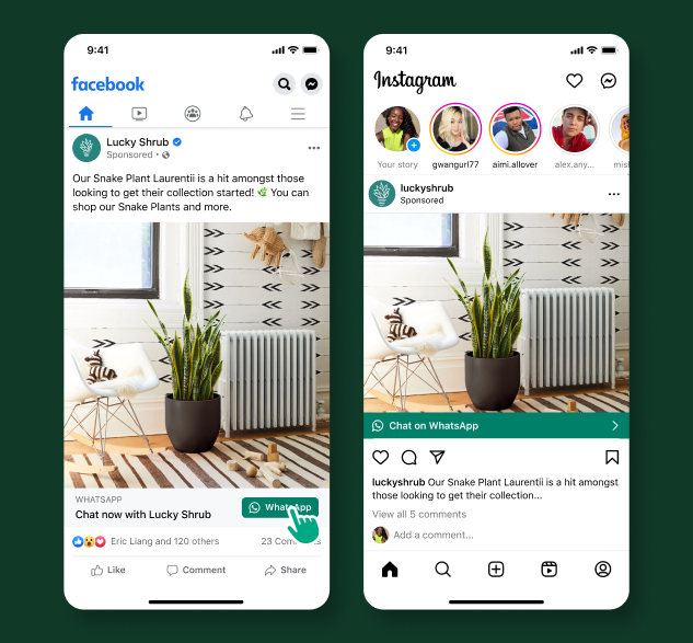 A user clicking on a sponsored Facebook post, which prompts the user to chat using WhatsApp