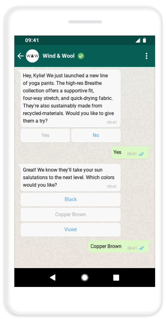 Smartphone displaying a WhatsApp conversation between Wind & Wool and Kylie. Wind & Wool is offering Kylie a pair of their new line of yoga pants and Kylie ordered the copper brown color.