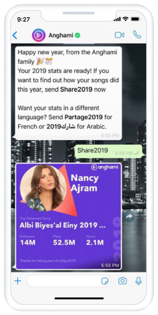 Smartphone displaying WhatsApp conversation between Anghami and customer. Anghami is wishing the customer a Happy New Year and asking if they would like to see their 2019 song stats. Customer opts in and Anghami displays the customer's stats.