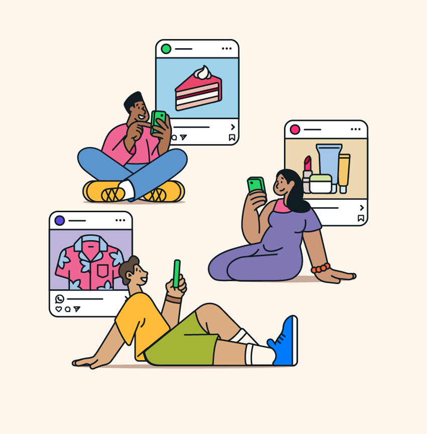 Three animated people relaxing and looking at their phones with Ads That Click to WhatsApp in the background