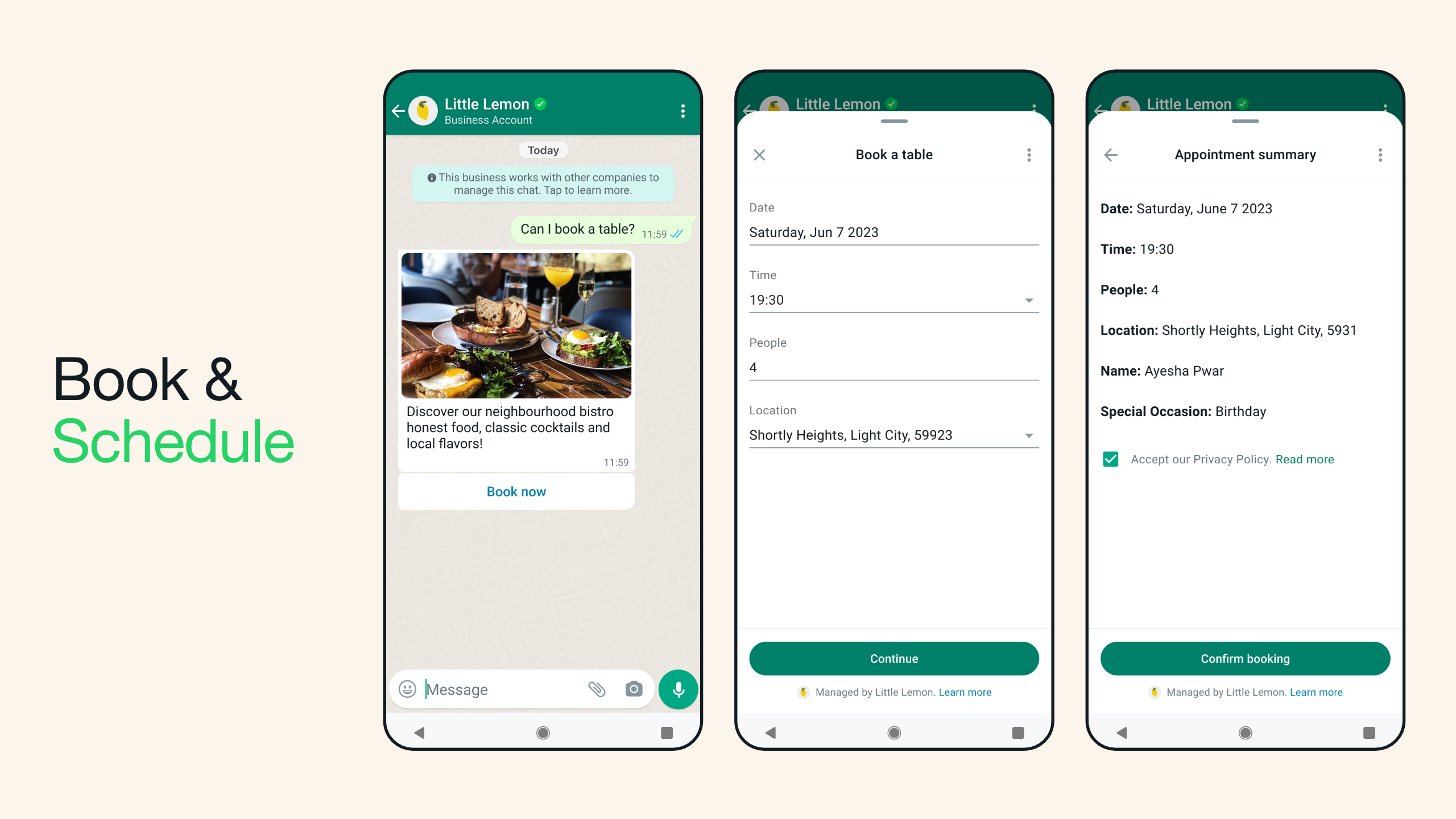 Tiga smartphone menampilkan cara melakukan pemesanan dan penjadwalan menggunakan WhatsApp Flows. Ponsel pertama menampilkan pelanggan yang sedang mengirimkan pesan ke Little Lemon untuk reservasi meja. Ponsel kedua menampilkan informasi yang dibutuhkan untuk reservasi meja. Ponsel ketiga menampilkan ringkasan janji temu.