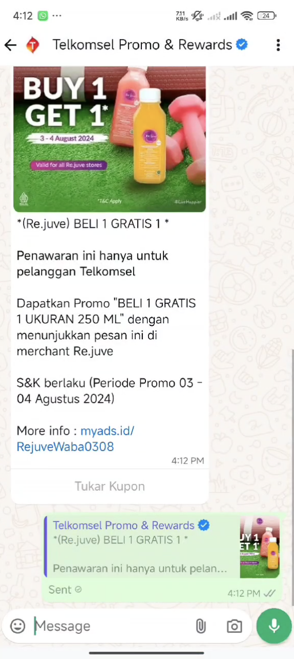 Un message marketing de Telkomsel envoyé sur WhatsApp.