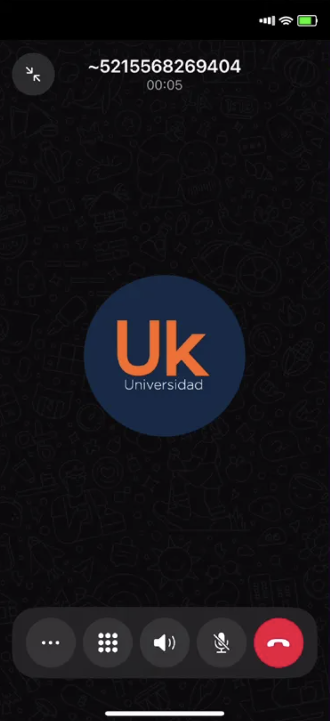 एक स्क्रीनशॉट जिसमें दिखाया गया है कि सीधे WhatsApp चैट से Universidad Uk को कॉल करने पर क्या दिखता है.