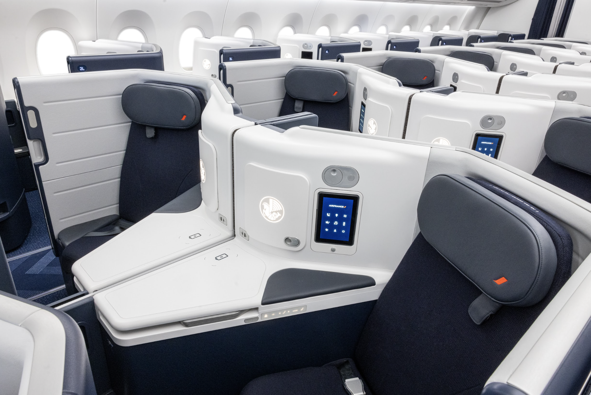 The entire of a first class cabin on an Air France flight.