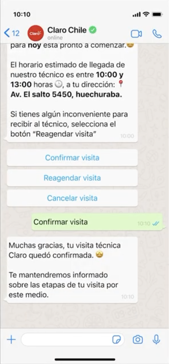 Capture d’écran d’un message de rappel envoyé par Claro Chile sur WhatsApp.