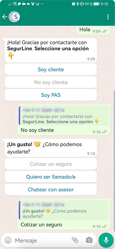 A screenshot of a WhatsApp conversation with SegurLine.