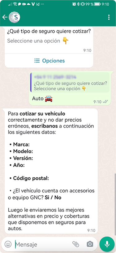 A screenshot of a WhatsApp conversation with SegurLine.