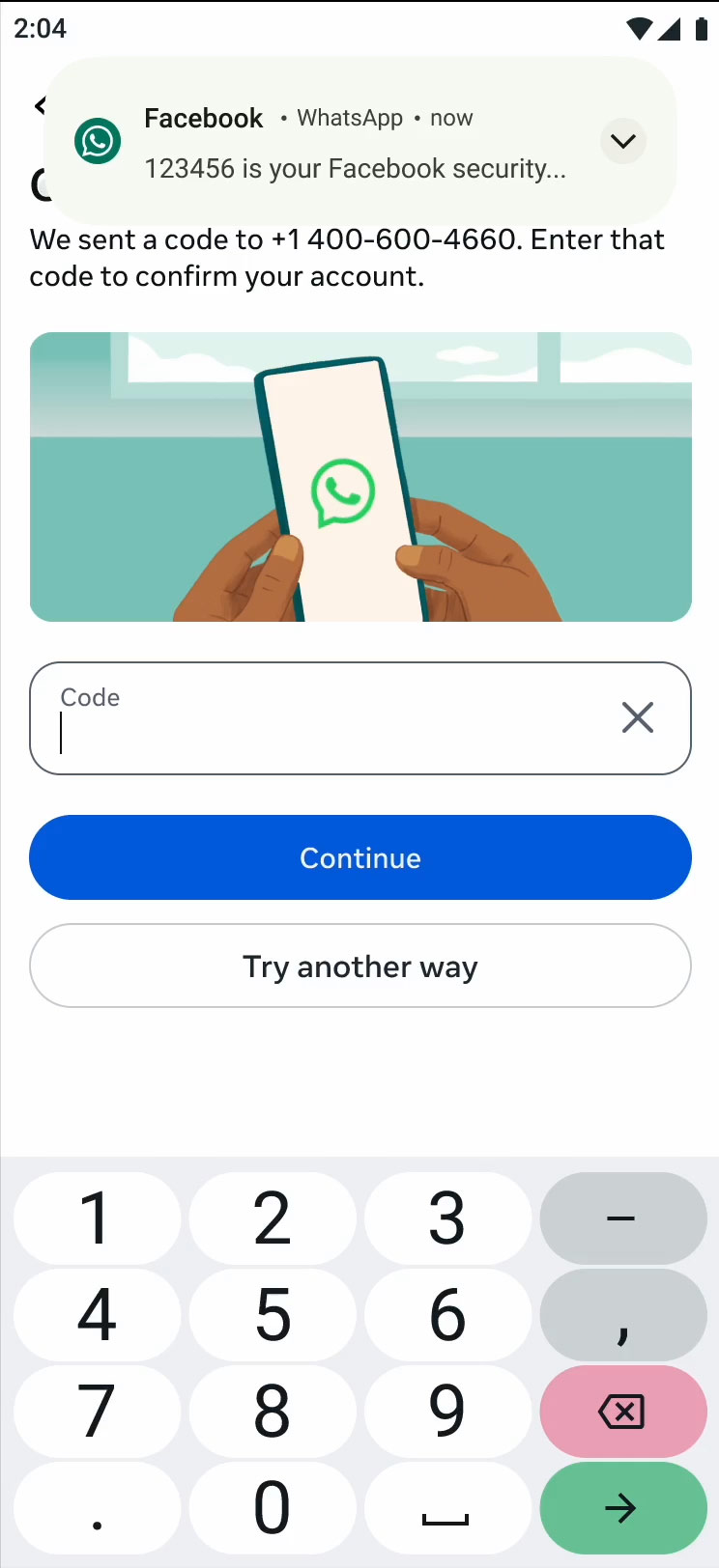 Capture d’écran montrant le dispositif d’authentification d’envoi d’un mot de passe à usage unique de Meta sur WhatsApp sur un appareil