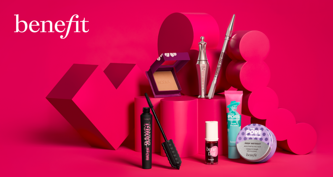 A collection of Benefit Cosmetics products