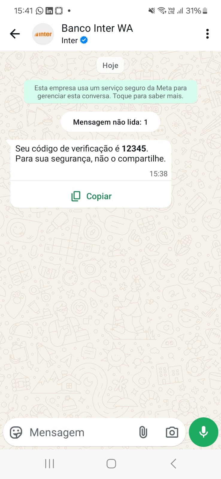 Un código OTP en WhatsApp.
