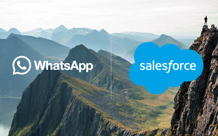 Logo WhatsApp dan Salesforce berdampingan dengan latar belakang pemandangan gunung