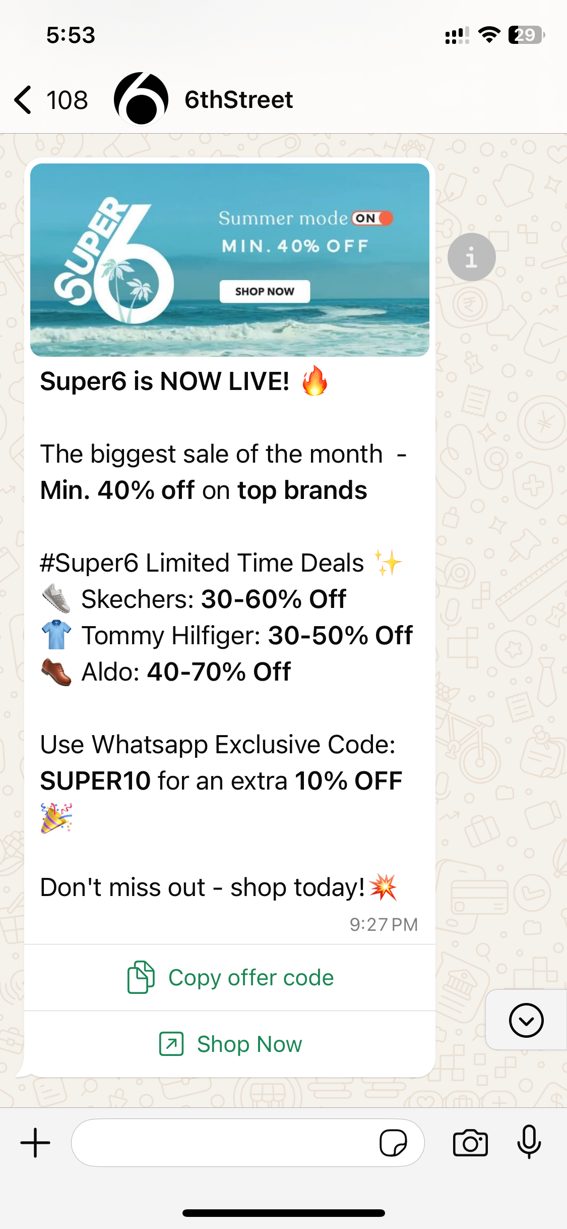 A marketing message from 6thStreet sent on WhatsApp.
