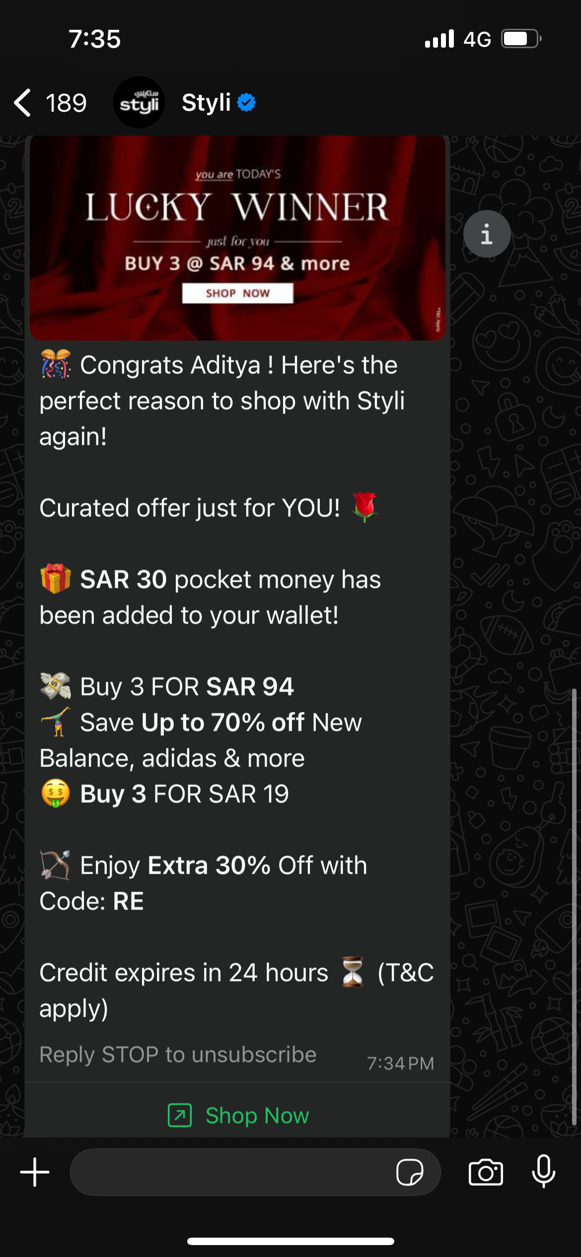 Styli की ओर से WhatsApp यूज़र को भेजा गया मार्केटिंग मैसेज