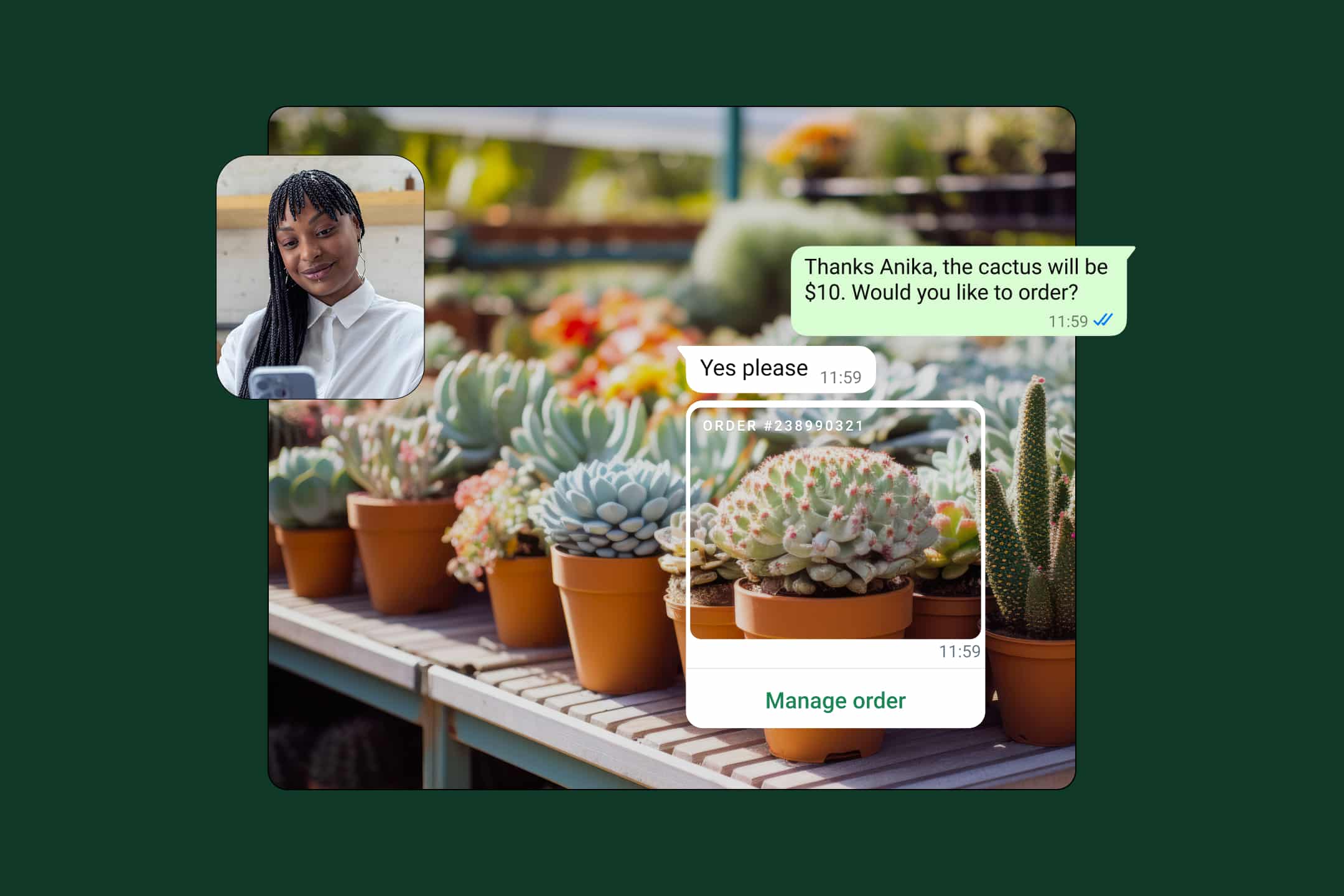 messagerie professionnelle : une entreprise envoie un message à une cliente sur son appareil mobile pour conclure une vente b2c sur l’application whatsapp business