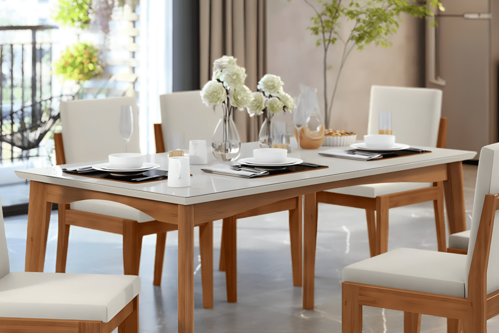Uma mesa e cadeiras.