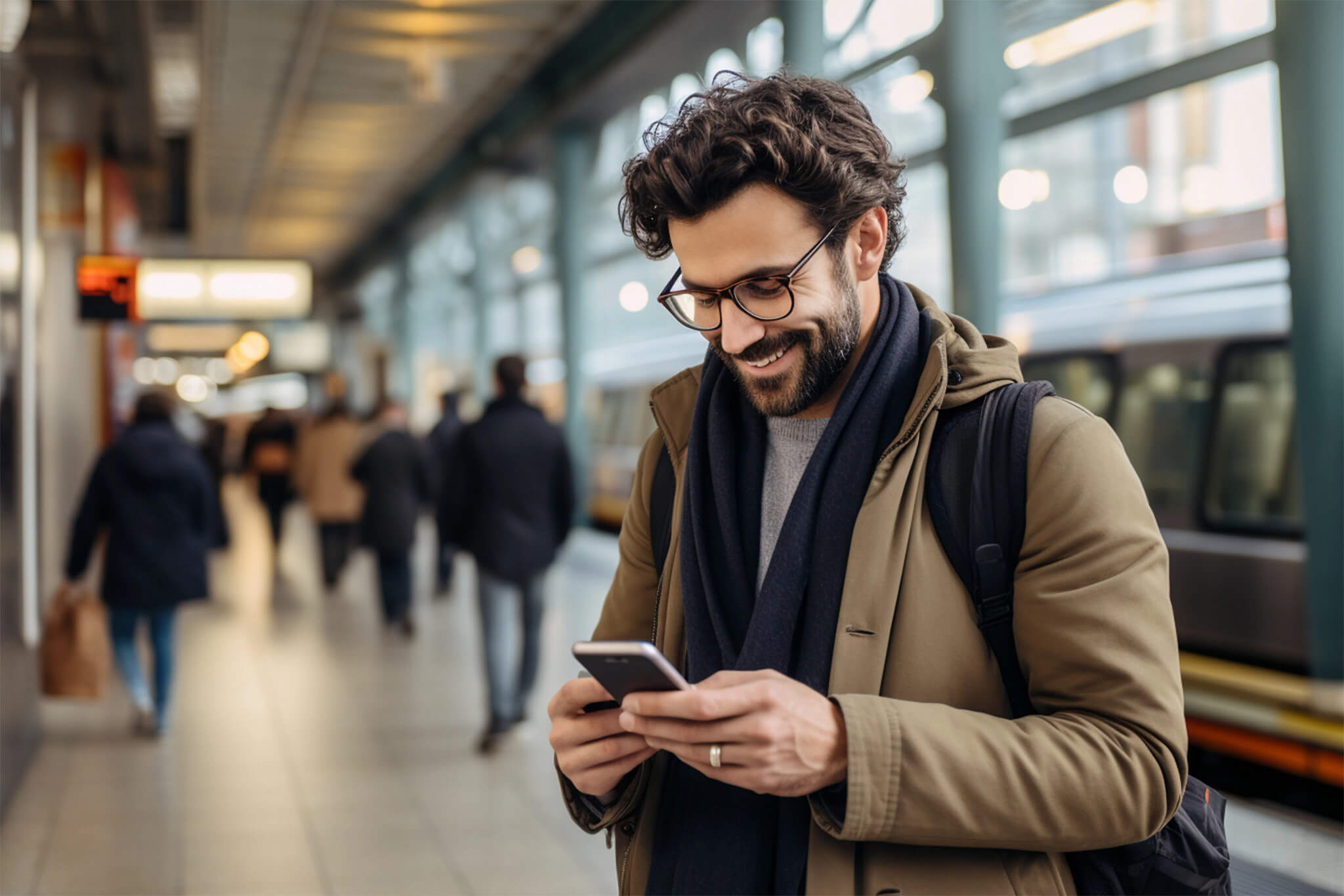 A man smiling looking at his phone