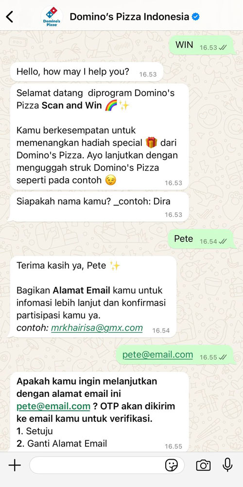 Une interaction individuelle avec Domino’s Pizza Indonésie sur WhatsApp