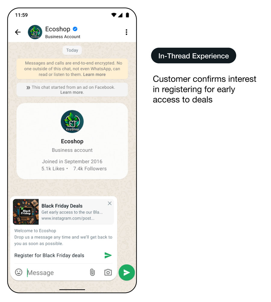 Démo d’une interface d’utilisation de WhatsApp montrant la création de parcours de messages : expérience dans le fil de discussion