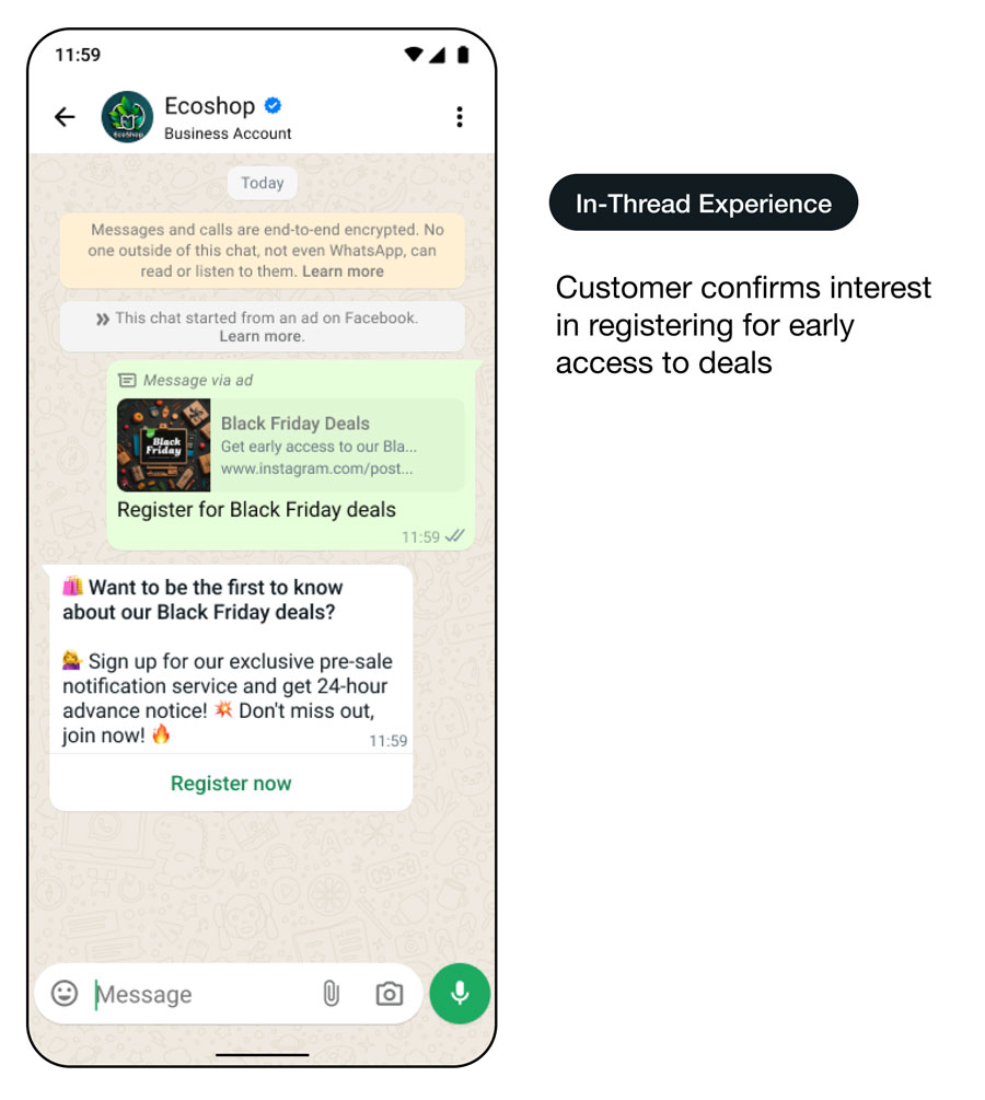 Démo d’une interface d’utilisation de WhatsApp montrant la création de parcours de messages : expérience dans le fil de discussion