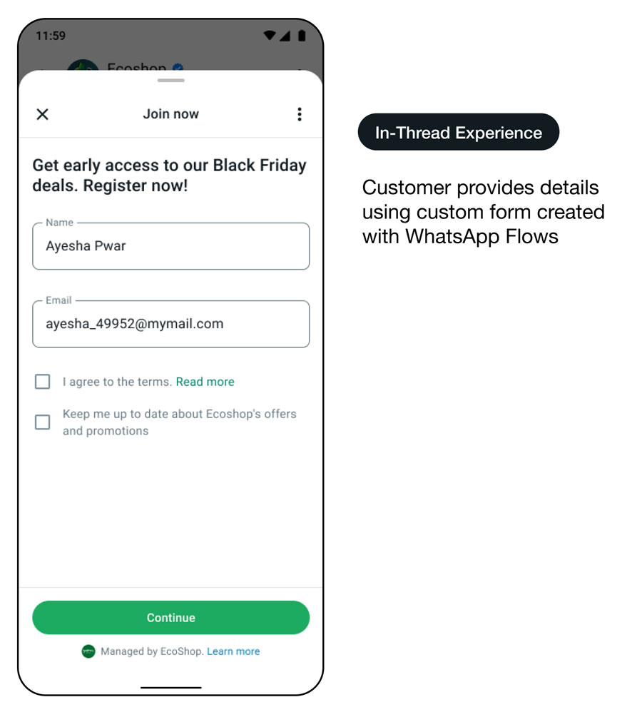 Démo d’une interface d’utilisation de WhatsApp montrant la création de parcours de messages : expérience dans le fil de discussion