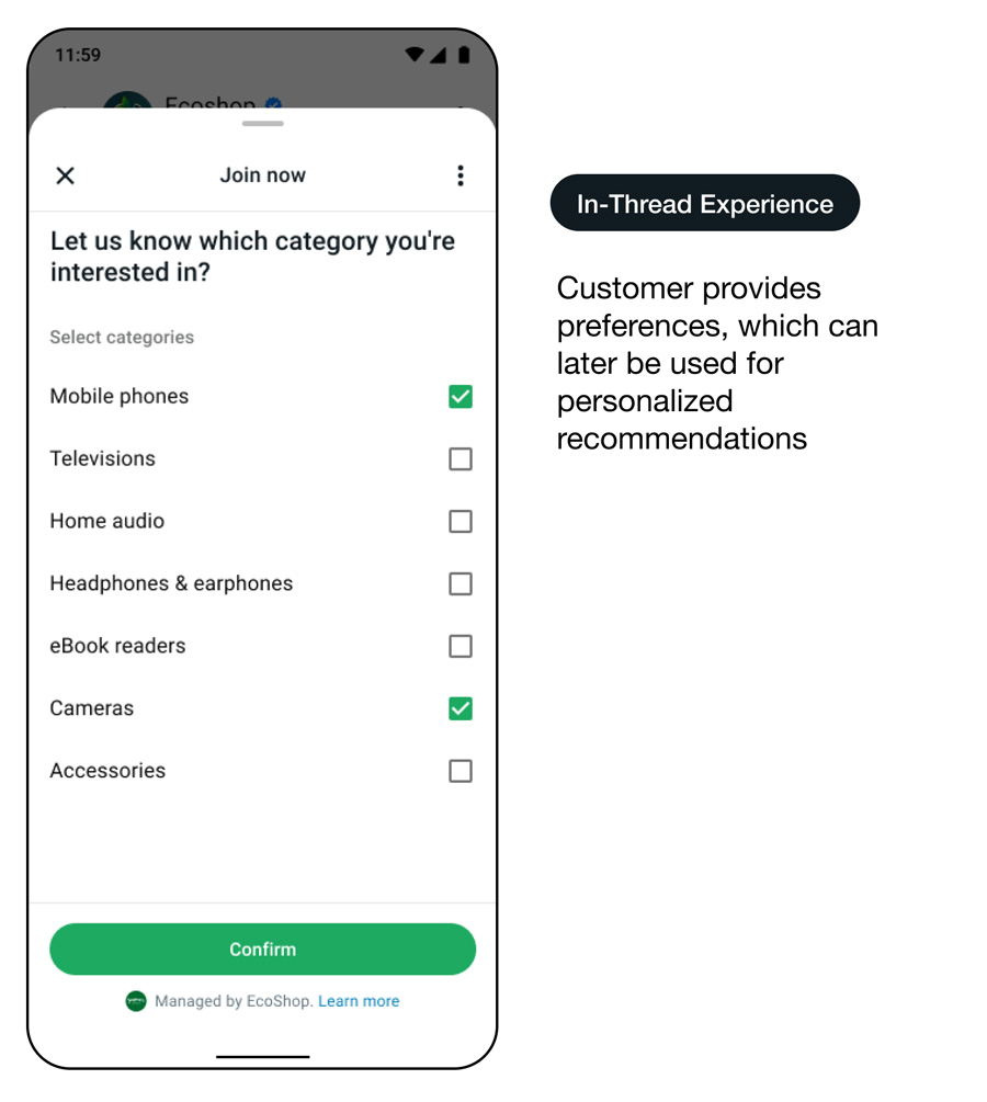 Démo d’une interface d’utilisation de WhatsApp montrant la création de parcours de messages : expérience dans le fil de discussion