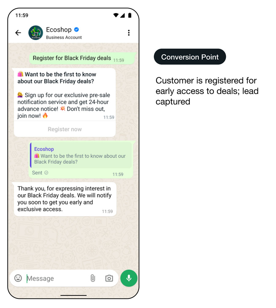 Démo d’une interface d’utilisation de WhatsApp montrant la création de parcours de messages : point de conversion